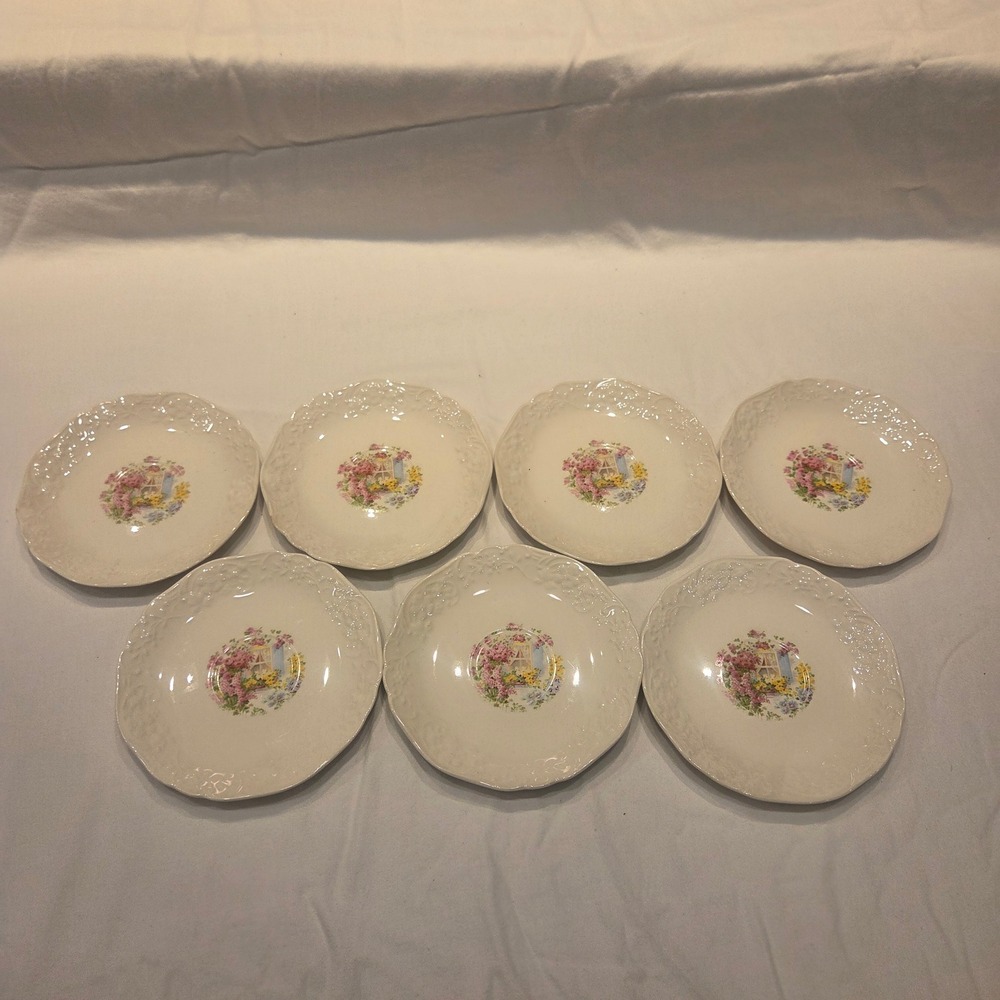 Edwin M Knowles China Floral Garden Bread Butter Plates Set of 7 Scalloped 37-3